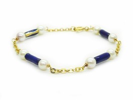 Estate Italian Cobalt Blue Enamel &amp; Pearl Station Link Bracelet 18k Gold - £398.75 GBP