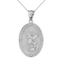 Sterling Silver Archangel Michael Oval Medallion CZ Prayer L Pendant Necklace - £32.30 GBP+