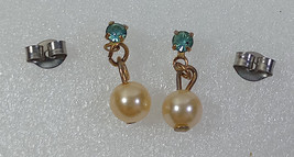 Faux Pearl Blue Gem Earrings Vintage Pair 1990s Stud Dangle Girls Retro - $4.99