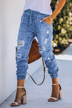 Sky Blue Pocketed Distressed Denim Joggers - $35.55