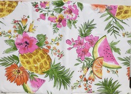 Flannel Back Vinyl Tablecloth 52&quot; x 90&quot; Oblong, FRUITS &amp; FLOWERS ON WHIT... - $16.82