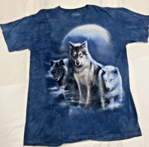 The Mountain 3 Wolves Howling Moon T-Shirt Size XL Blue Tie Dye USA Made - $20.39