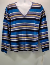 L) Pierre Cardin Knits Blue V-Neck Pullover Blue Striped Cotton Sweater XL - £11.66 GBP