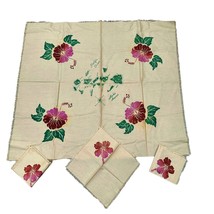 Vintage Hawaiian Map Hibiscus Flower Beige Linen Tablecloth w 3 Napkins 34x37 in - £11.27 GBP