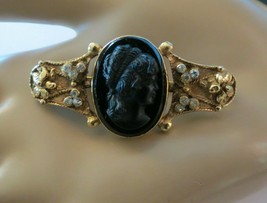 Cameo Style Bar Pin Brooch Black Glass Face Gold Tone Rhinestones Flower... - $42.99