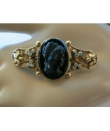 Cameo Style Bar Pin Brooch Black Glass Face Gold Tone Rhinestones Flower... - $58.93 CAD