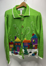 Tiara International Green Street Scene Snowman Ugly Christmas Knit Cardigan Xl - £27.32 GBP