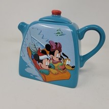 Ceramic Disney Teapot Mickey, Minnie and Pluto Sledding Blue Houston Har... - $19.64