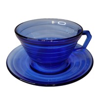 Hazel Atlas Depression Glass Moderntone Ringed Tiered Cobalt Blue Cup &amp; Saucer - £6.34 GBP