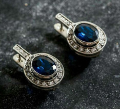 Lab Created 3.00Ct Oval Cut Blue Sapphire Bezel Set White Gold Plated Earrings - £140.26 GBP