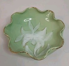 Ceramic Pottery Green Bowl Hand Painted White Flower Italy Wavy Edge Gol... - $20.57