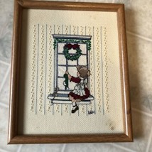 Vintage Hand Cross Stitch Girl Hanging Stocking Wood Frame 10.5 X 8.5 - $29.03