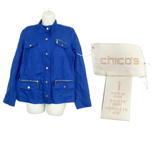 Chico’s Cobalt Blue Jacket Shacket Sz 1 100% Linen Women&#39;s High Neck - £17.98 GBP