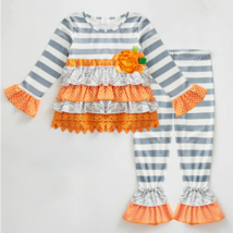 NEW Boutique Ruffle Tunic &amp; Leggings Girls Outfit Set Gray Orange Halloween - £8.79 GBP