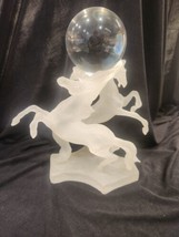 Two Frosted Rearing Horses Holding a Crystal Glass Ball Figurine Sculpture - $85.00