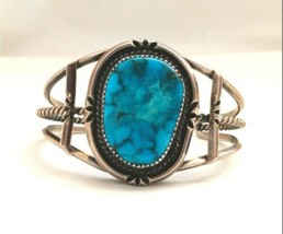 Native American Blue Turquoise Shadowbox Sterling Silver Bracelet Cuff - $286.11