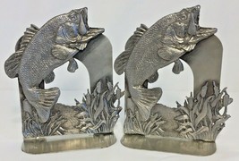 Vtg Metzke Pewter Large Mouth Bass Bookends Pair Made In USA Fish Art Deco 1980s - £24.62 GBP