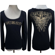 Vintage Guess 1981 Beaded Gold Logo Heart Print Black Knit Top Tee T-Shi... - $47.99