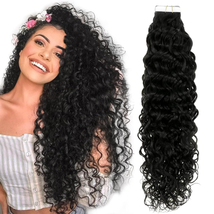 Hetto Curly Tape in Hair Extensions Human Hair Black Tape in Extensions 20 Inch  - £64.22 GBP