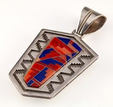 Navajo Double sided Sterling Lapis, Opal and Coral Mosaic Inlay pendant 93mm - $989.01