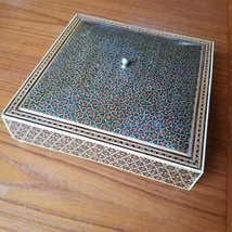 Vintage square inlaid vanity box with lid, glass bottom inside 8&quot; x 8&quot; x 2 1/4&quot; - £60.87 GBP