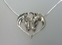 Horses heads heart sterling silver pendant and chain. Gift necklace. Sig... - $93.00