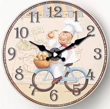 Kitchen Round Wall Wooden Clock (12&quot; Dia.) Fat Chef With Basket Of Pears On Bike - £19.89 GBP