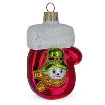 Shiny Mitten with Snowman Glass Christmas Ornament - £25.79 GBP