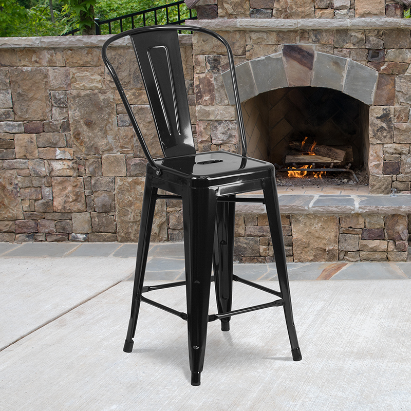 24" Black Metal Outdoor Stool CH-31320-24GB-BK-GG