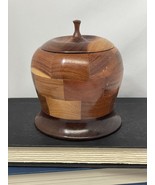 Vintage Patchwork Hand Turned Wooden Jar Box with Lid - apple shaped MCM - $25.34