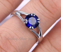 Natural 4Ct  round Cut Blue Sapphire Ring 14K White  Gold Plated Ring for Woman - £68.76 GBP