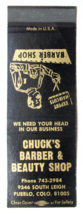 Chuck&#39;s Barber &amp; Beauty Shop - Pueblo, Colorado 20 Strike Matchbook Cover CO - £1.36 GBP