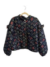 ELOQUII Elements Womens Floral Quilted Bomber Jacket Navy Blue Ruffle Sz... - $22.07