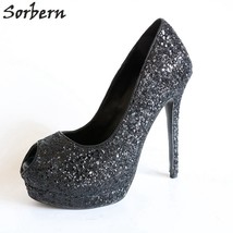 Bling Sequins Women Pumps Peep Toe High Heels Platform Shoes Slip On Night Party - £132.46 GBP