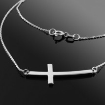 14K Solid Real White Gold Sideways Curved Cross Necklace 16&quot; 18&quot; 20&quot; 22&quot; - £230.43 GBP+