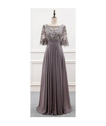 Half Sleeves Scoop Long Mother of the Bride Dresses with Appliques - £141.36 GBP