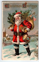 Santa Claus Christmas Postcard Saint Nick With Tree Toy Drum Flag Church 1909 - £14.27 GBP