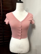 Better Be Womens Cardigan Sweater Taupe Pink Short Sleeve V Neck Ribbed Knit S - $10.39