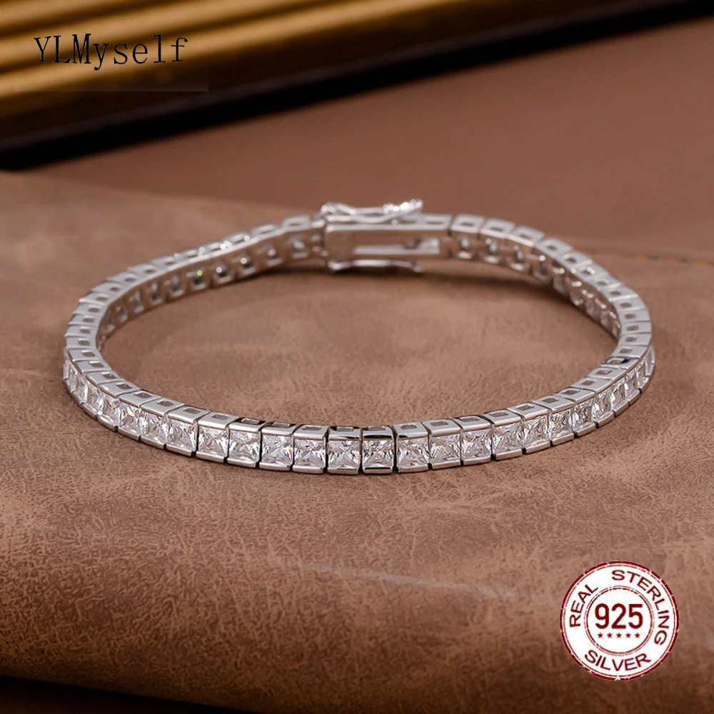 Real 925 Silver 15-19cm 4mm Wide Rectangle Chain Tennis Bracelet With Full 3*3 m - £69.72 GBP