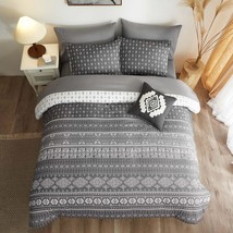 Queen Comforter Set Grey 8 Piece, Boho Comforter Set Queen Reversible Folkloric  - £73.51 GBP