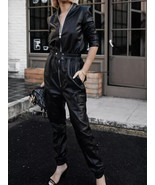 Stylish BLACK Women&#39;s Jumpsuit Genuine Lambskin Leather Designer Casual ... - $360.04 CAD+