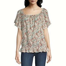 ALYX Women&#39;s Square Neck Short Sleeve Knit Blouse Size X-LARGE White Floral New - £20.59 GBP