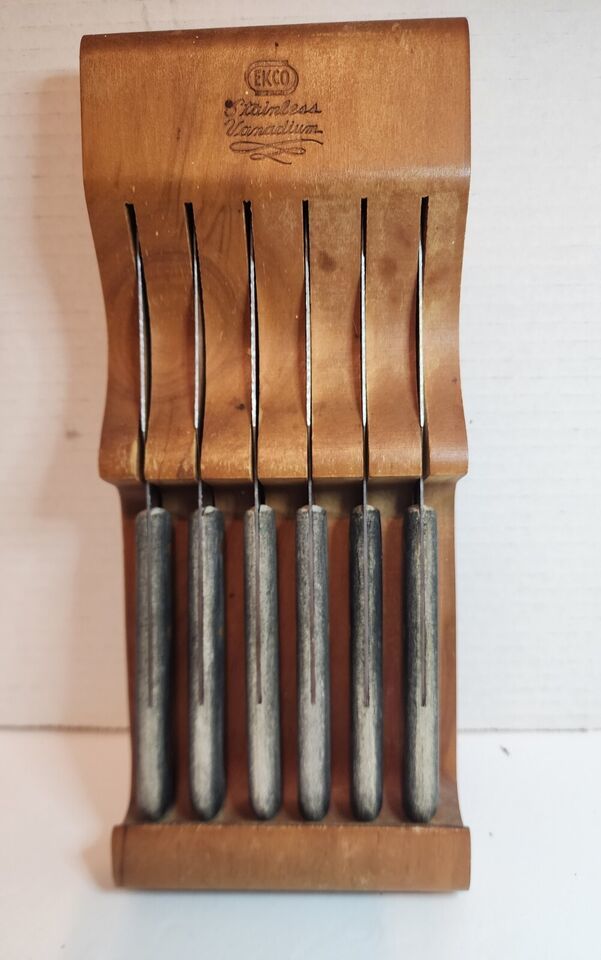 Primary image for Vintage Vanadium Stainless Steel 6 Knife Set Wood Wall Hanging Block USA
