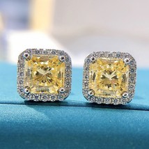 100% 925 Sterling Silver 7*7Pink Yellow High Carbon Diamond Stud Earrings For Wo - £36.99 GBP