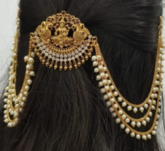 Bollywood Style Gold Plated Indian Bridal Hair Pin Juda Clip Temple Jewelry Set - £53.14 GBP