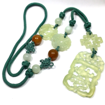 Vintage Hand Carved Green Stone Pendant Cord Necklace 25&quot; - £46.41 GBP