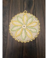 Vintage Hand Crocheted Yellow Green White Floral Doily 6-1/2” W/ Loop Ha... - $28.76 CAD