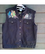 Jane Elissa unique cut off sleeves Patch vest black denim jacket size xl - $43.56