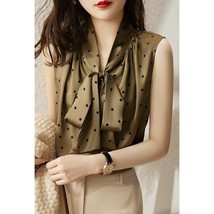 Fashion Bow V-Neck Printed Polka Dot Sleeveless Satin Shirt 2022 Summer New Comm - £44.17 GBP