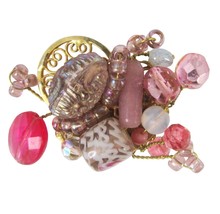 Vintage Sarah Jane Hand Made Pink Bead Brooch Gold Filigree Artist Signe... - £10.85 GBP